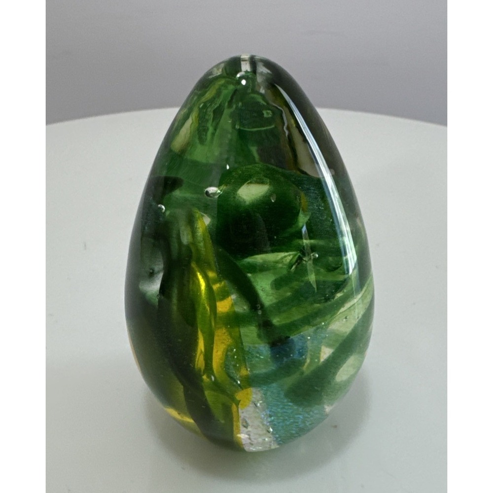 Vintage Collectible MCM Hand Blown Art Glass Egg Paperweight Green Swirl 3" Desk